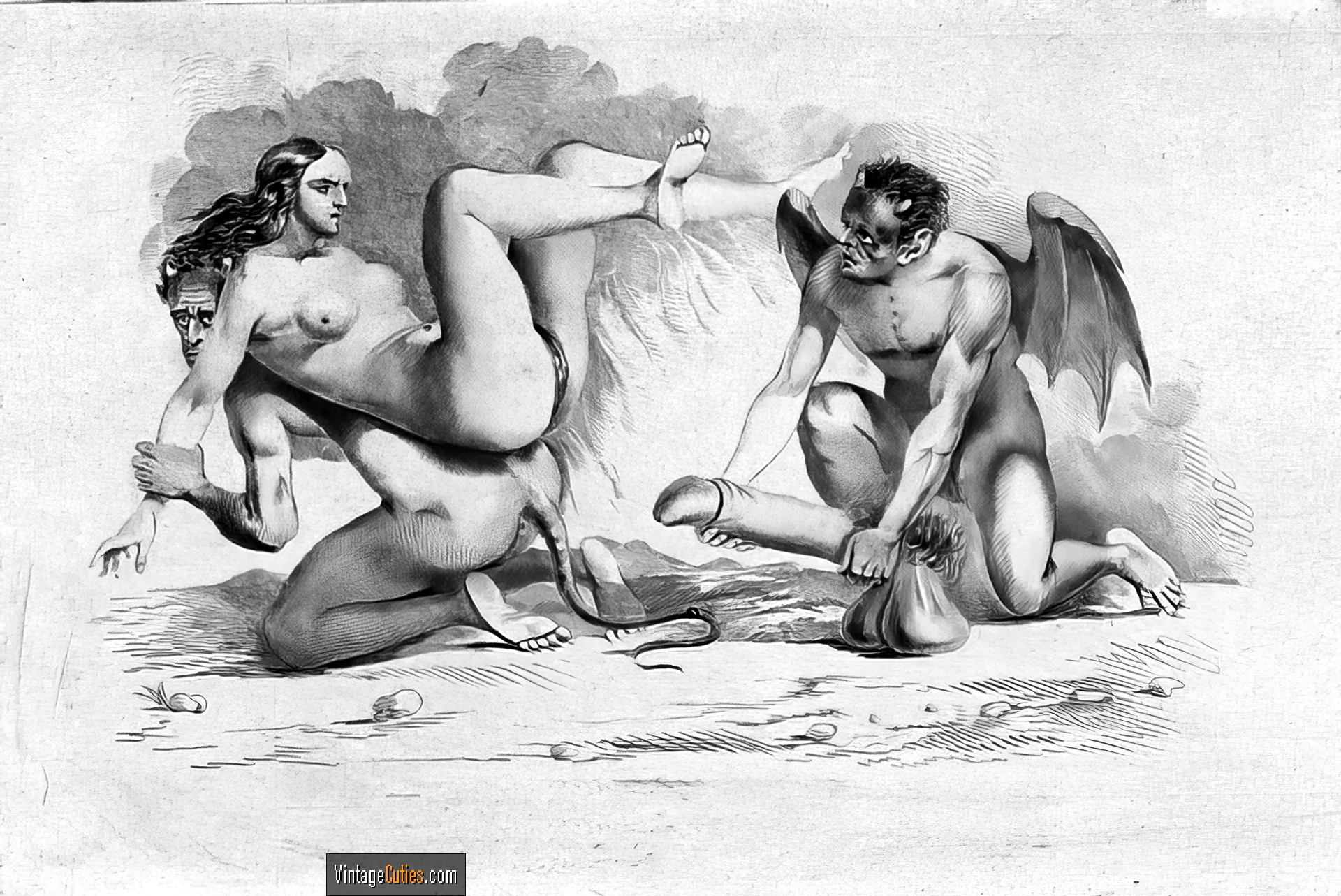 Two devils try to fuck a classic woman with a big hard penis