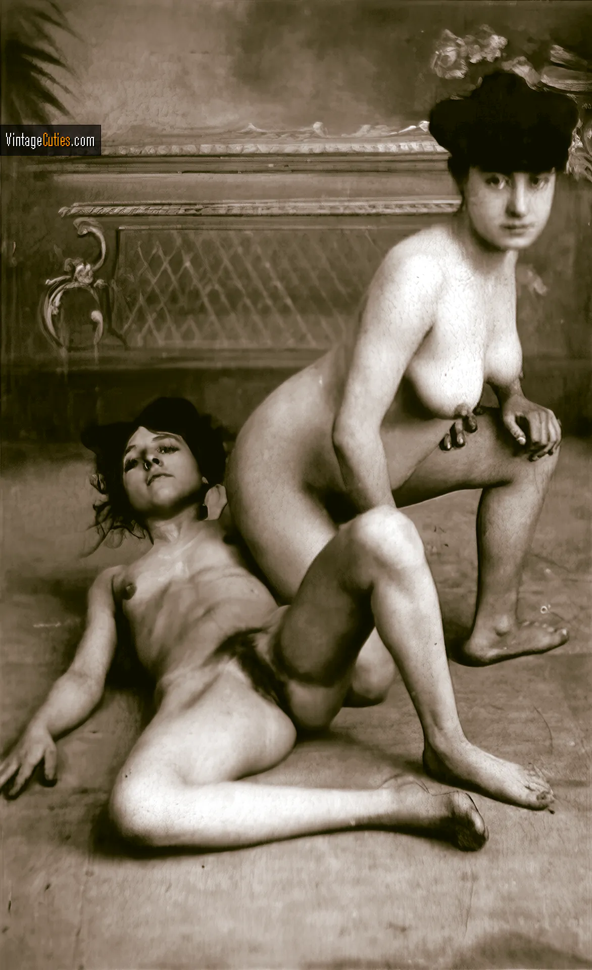 Antique XXX: two girls dark-haired and petite with cracked nipples