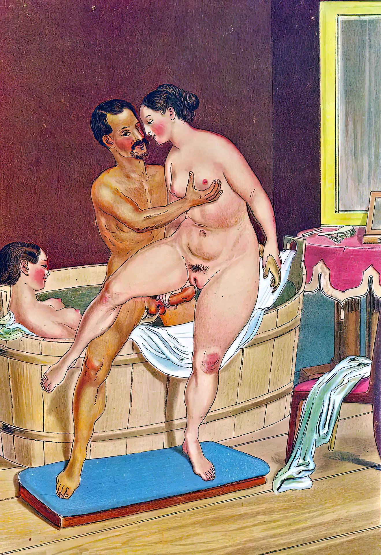 Vintage art porn photos with man fucking a nude woman's shaved pussy next to a batch with another naked lady sitting in