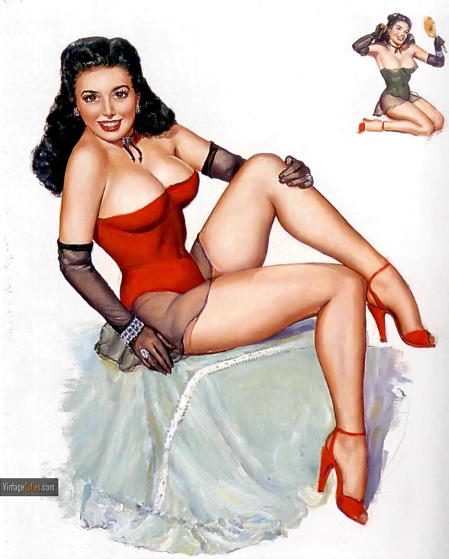 Big breasted classic brunette in a tight costume exposes her curvy legs