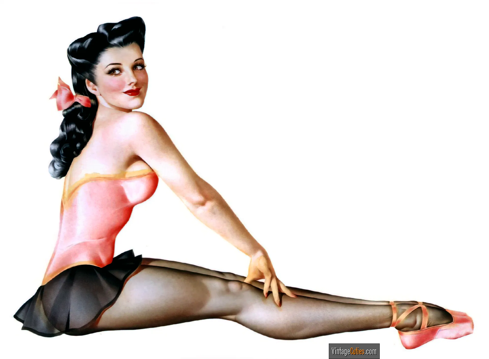 Dark-haired classic ballerina poses and shows her beautiful legs