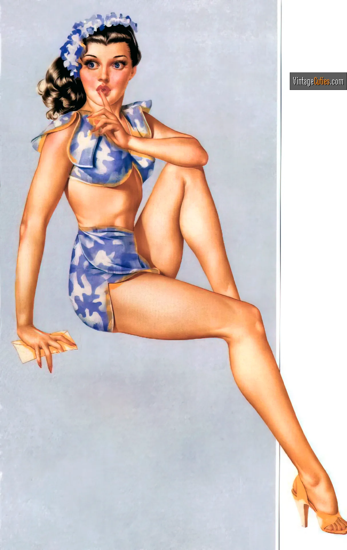Dark-haired pinup classic girl exposes her beautiful legs in blue shorts