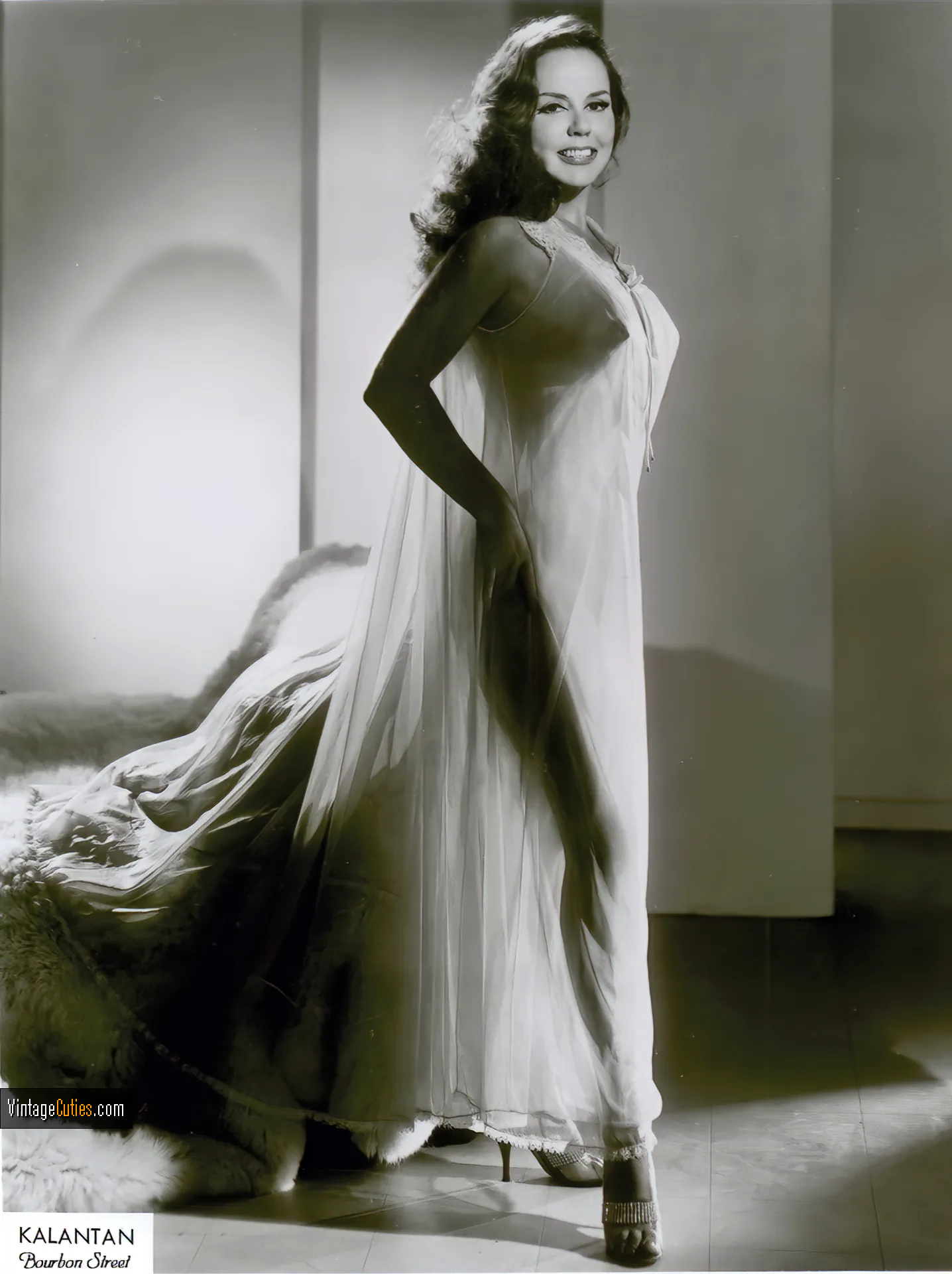 Gorgeous burlesque woman in a long transparent night gown