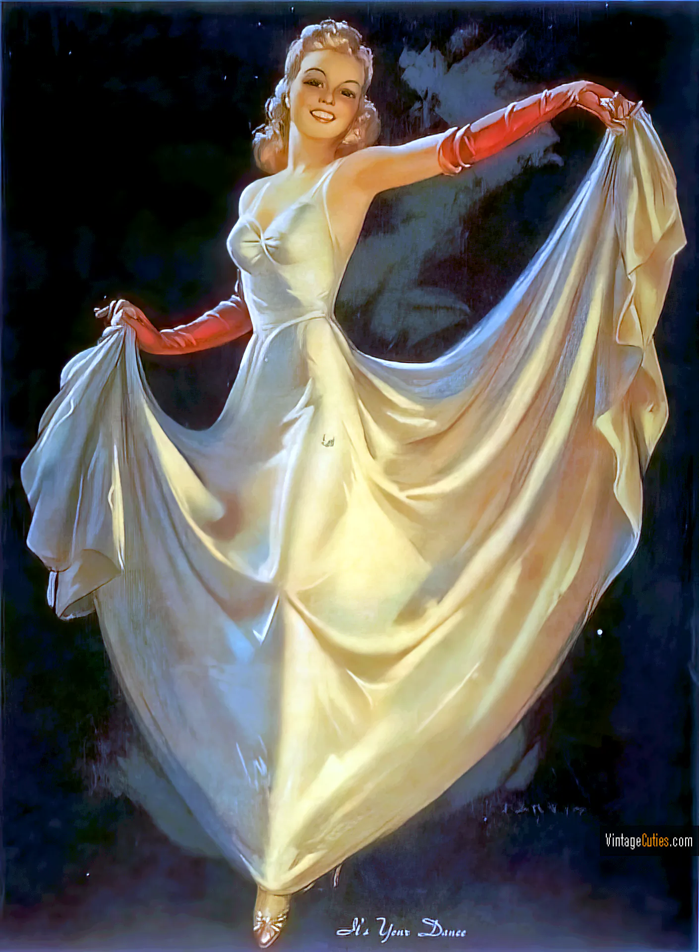 Sweet classic blonde girl dances in her white dress