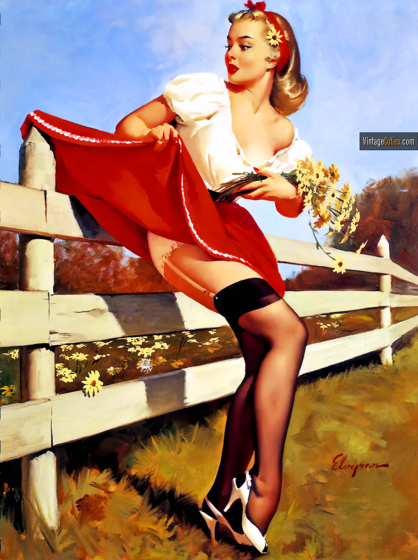 Sweet classic blonde pin-up has her skirt stuck on a fence