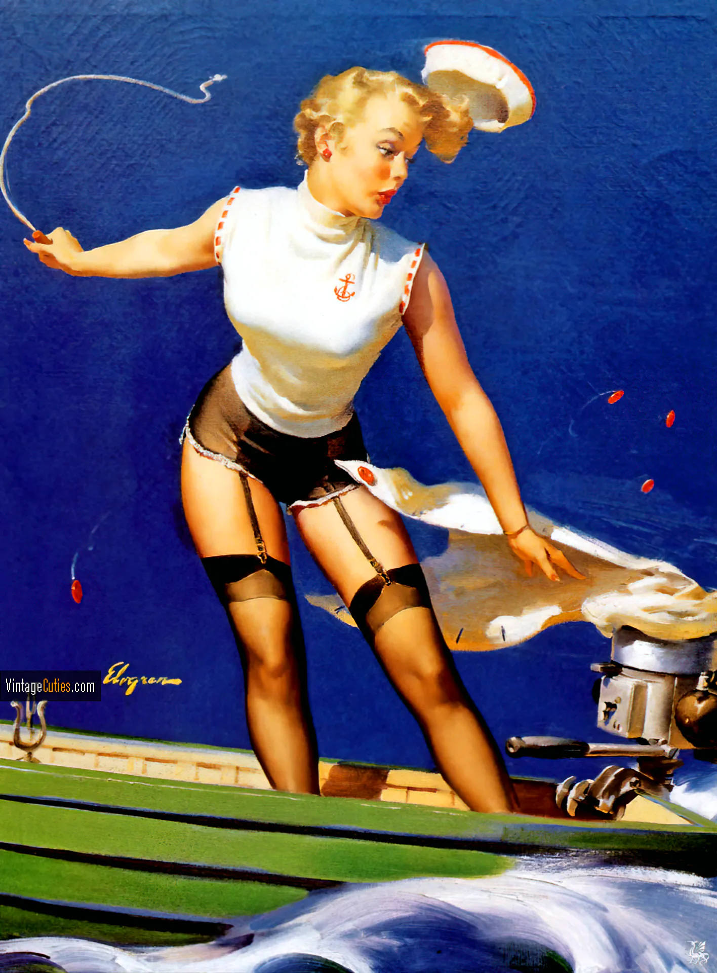 Classic blonde sailor girl looses her skirt to the wind