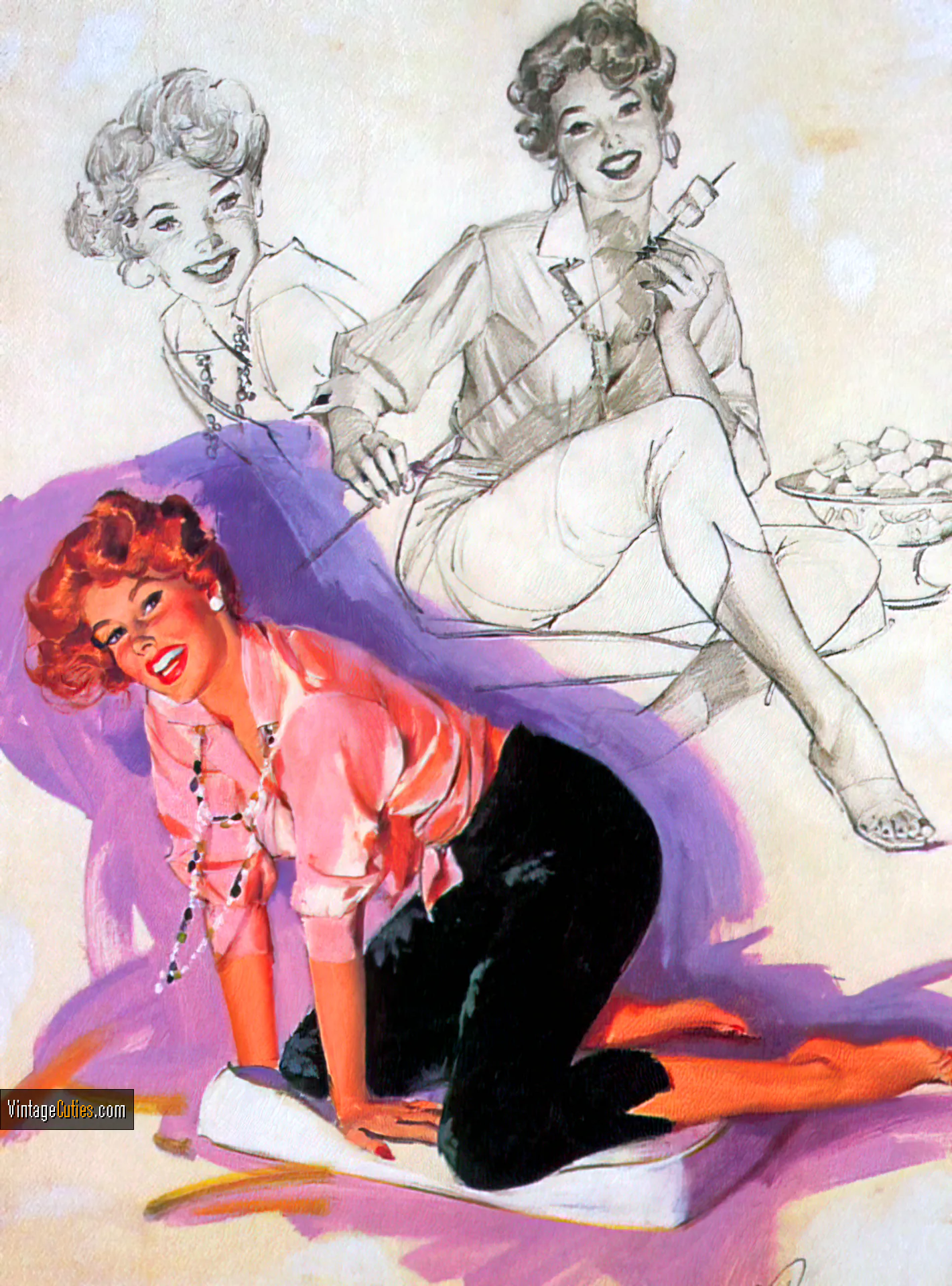 Sexy classic redhead poses in her pink blouse and black pants