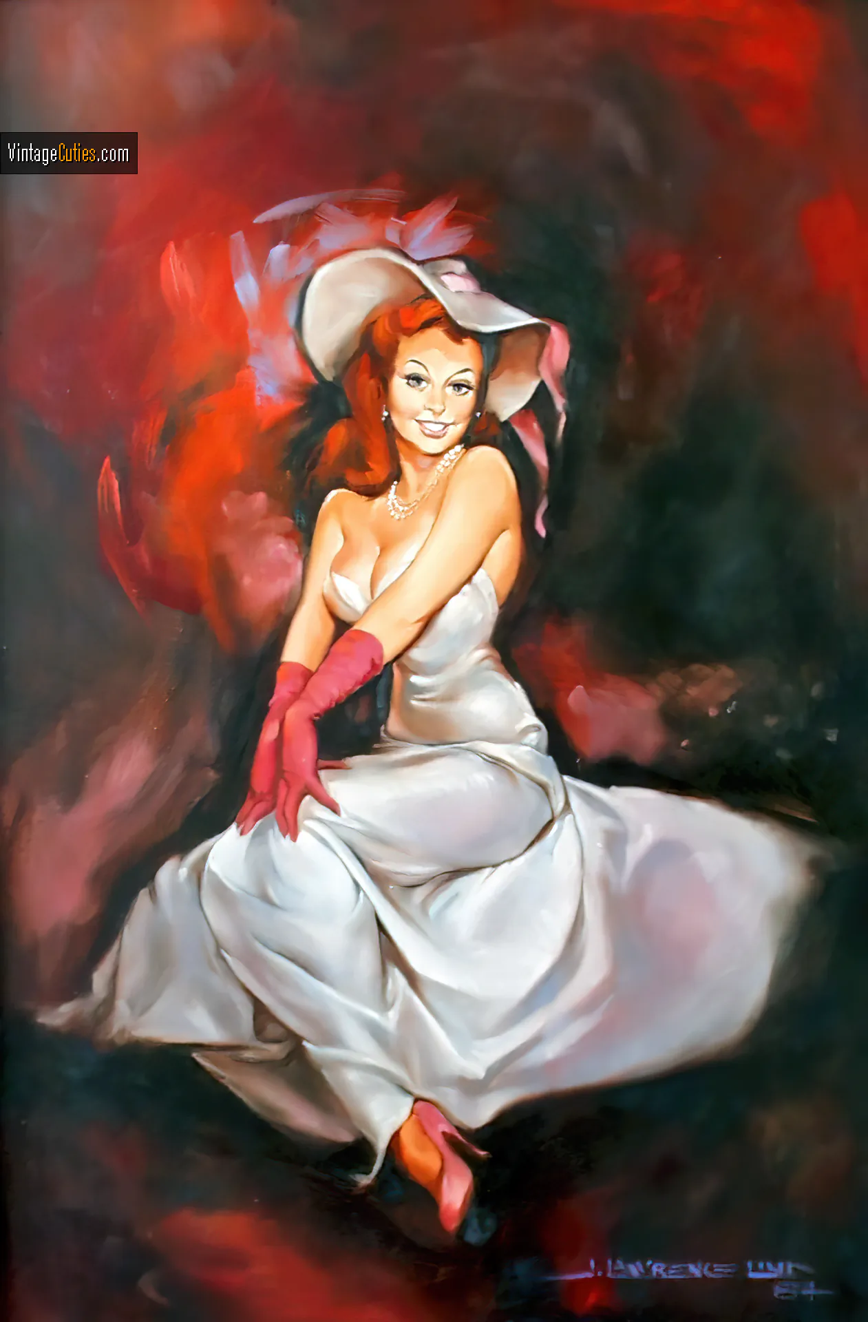 Cute classic woman with red hair exposes her big cleavage in a white dress