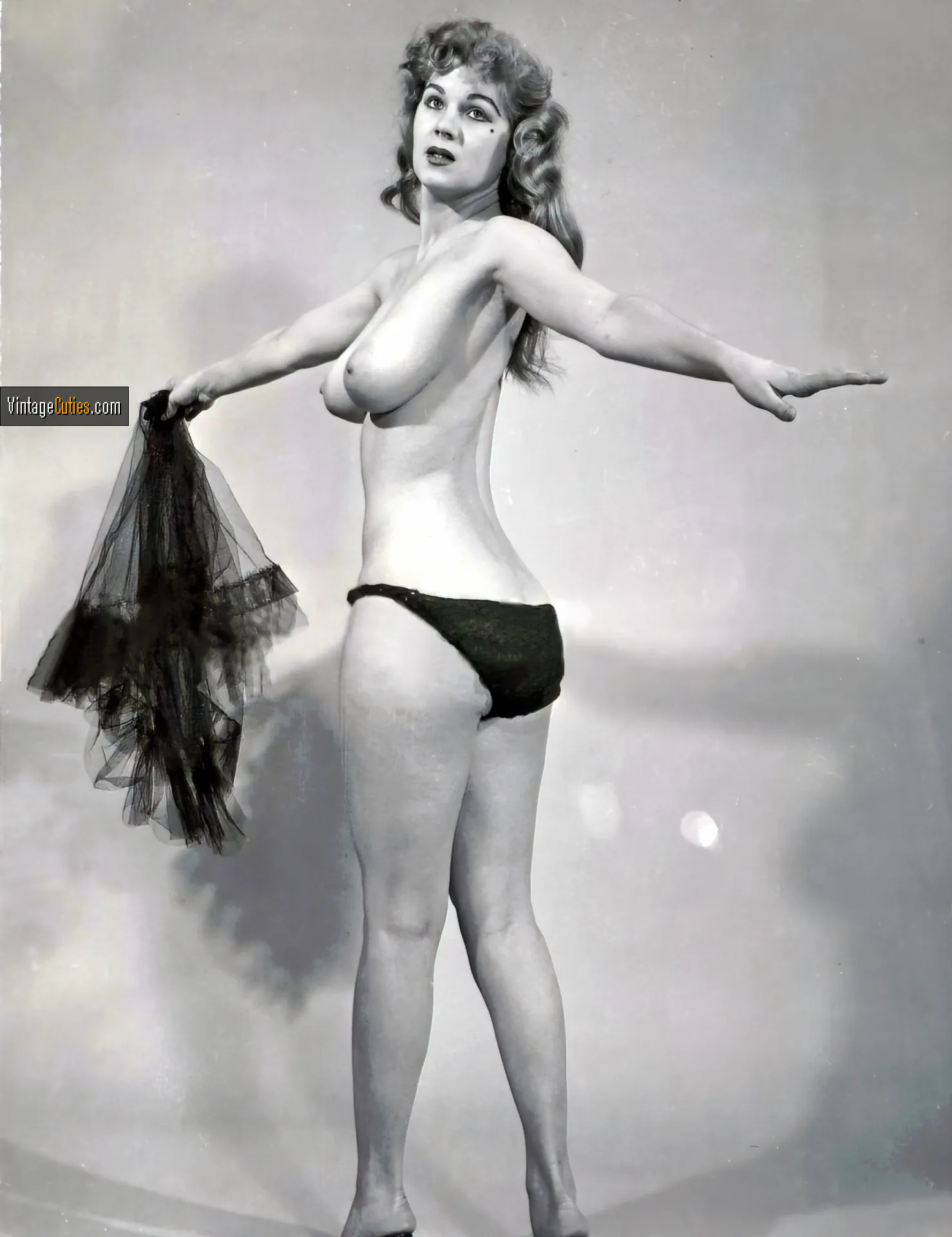 Delicious vintage blonde babe exposes her round ass in black panties