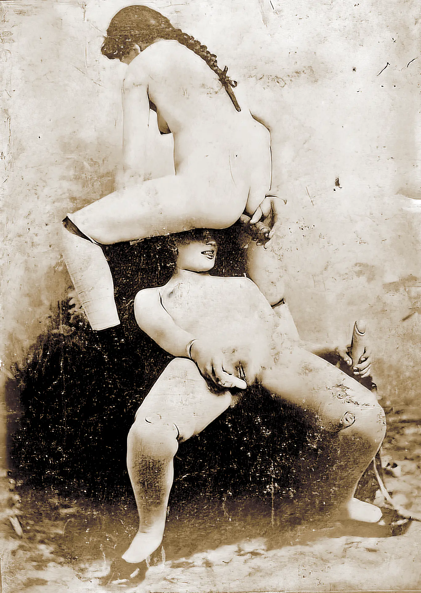 Vintage dildo porn photos with two women masturbating their hairy pussies with dildos while watching each other have orgasms
