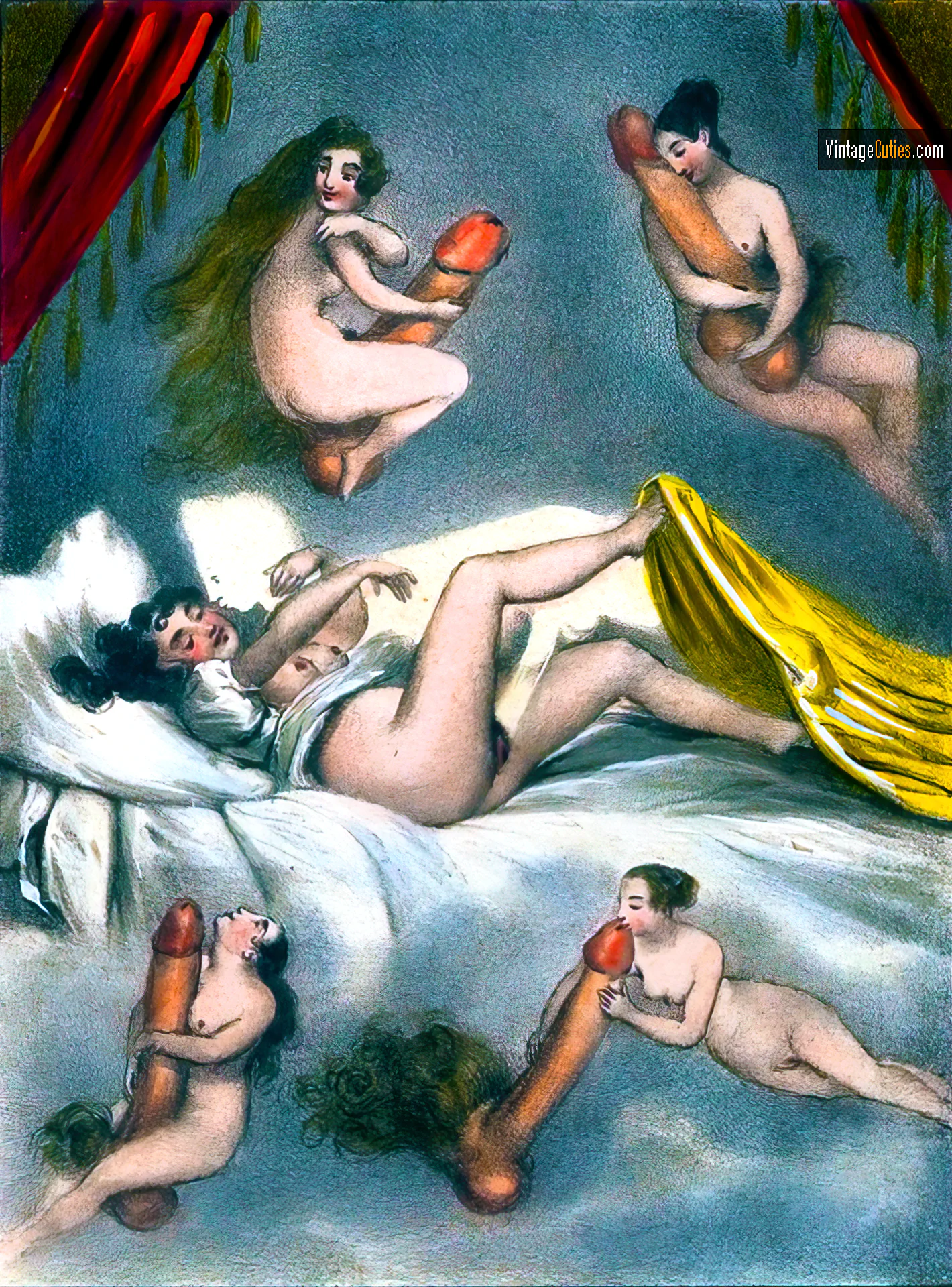 Horny classic women embrace and lick human-sized erected cocks