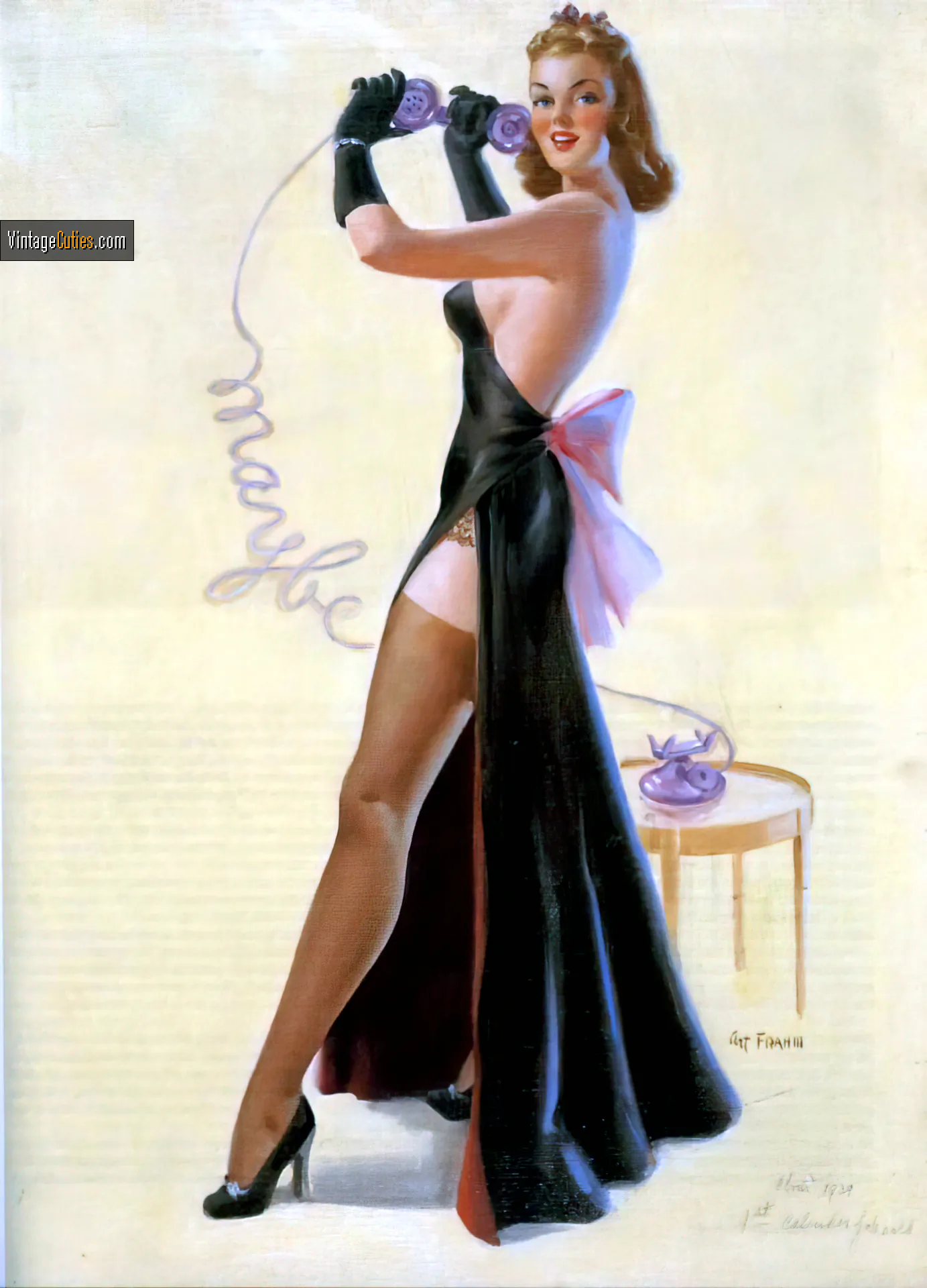Provocative long-legged classic brunette in a black dress talks on the phone