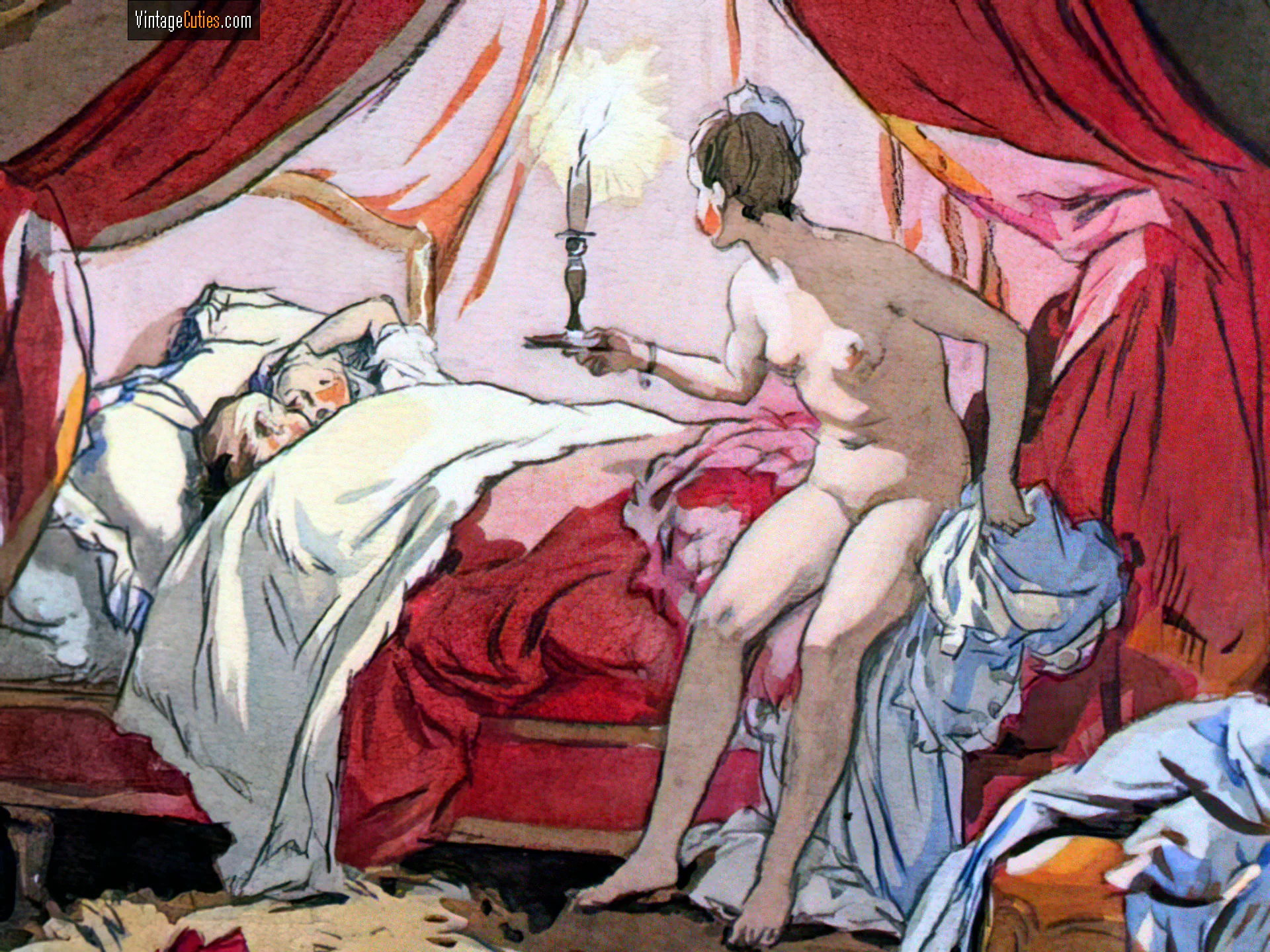 Naked classic maid catches her man in a bed with another woman