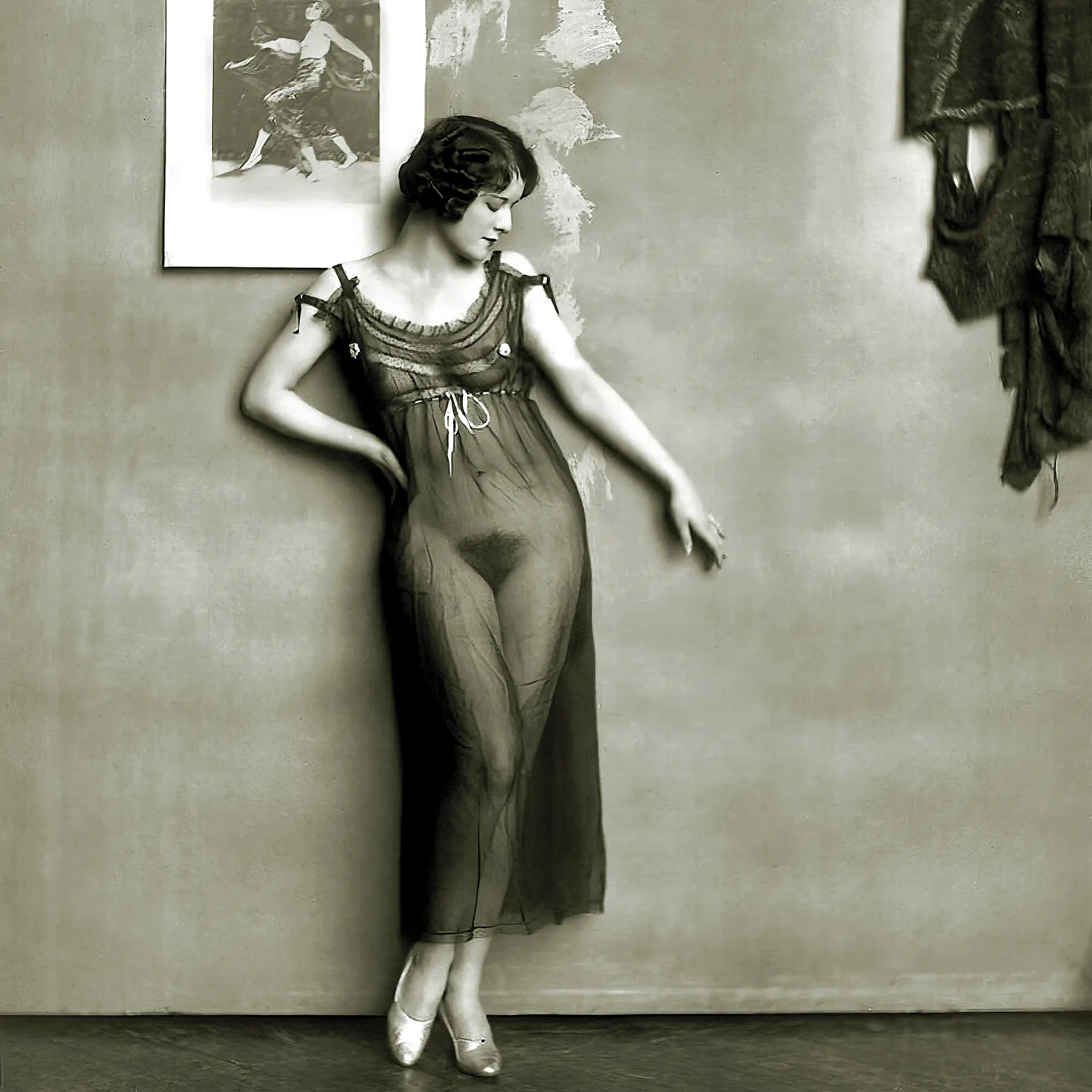 Vintage nightgown porn photos with a graceful nude woman standing in a see-through nightdress with visible hairy pussy and nipples