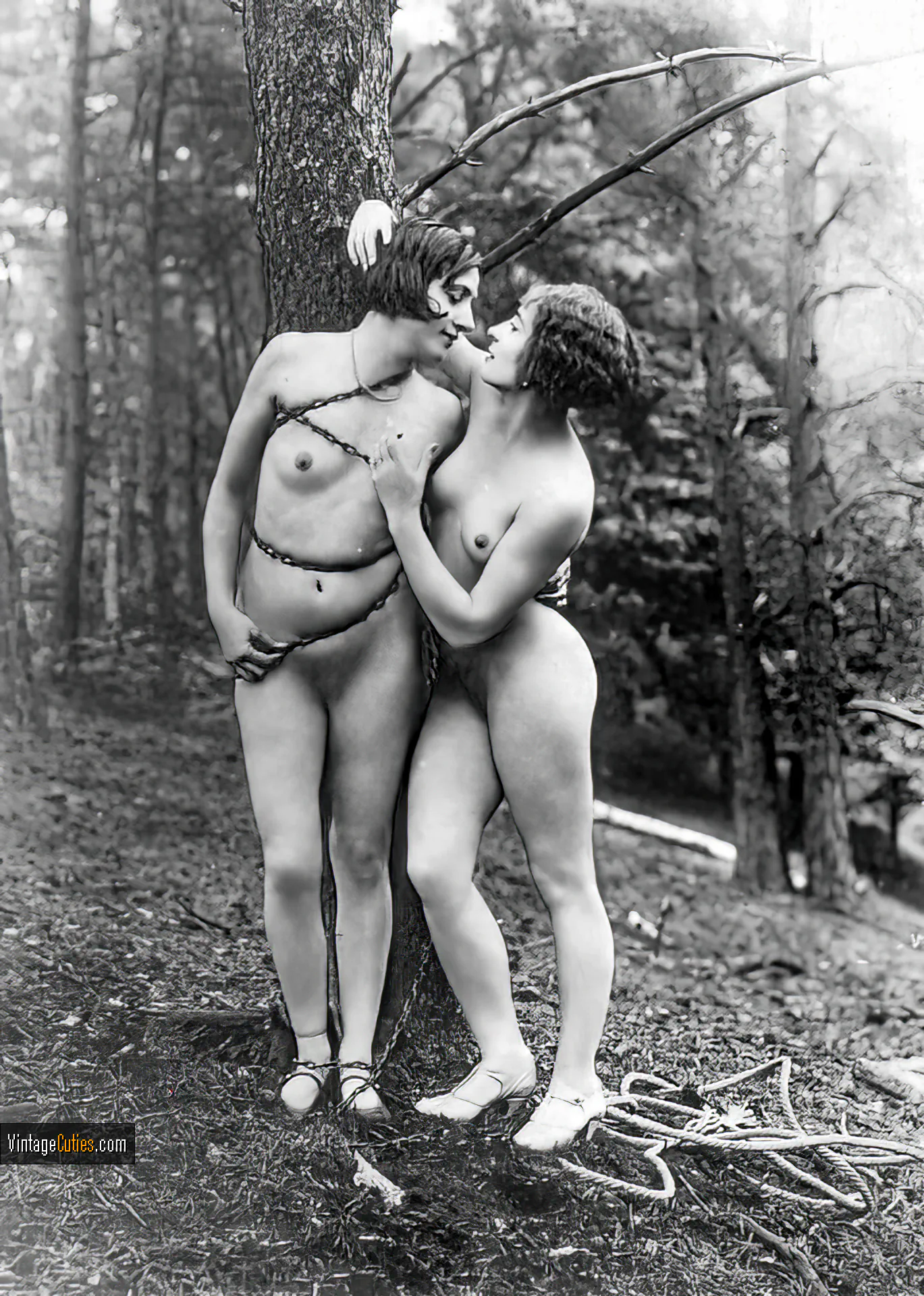 Petite perky antique woman tied her naked girlfriend to the tree