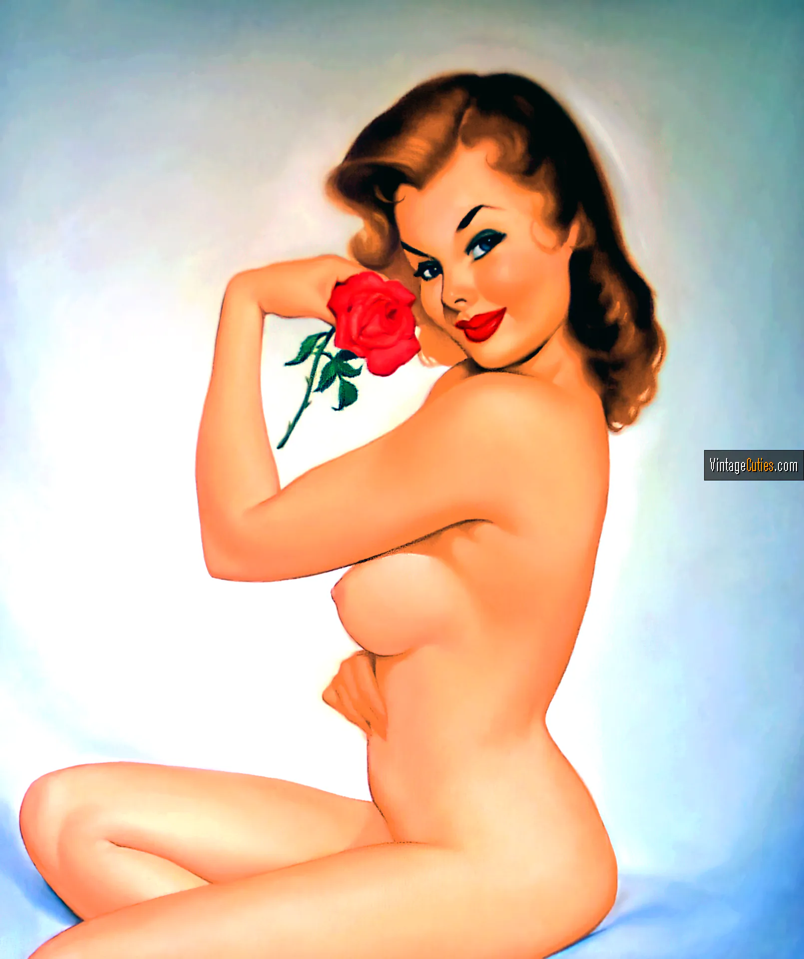 Red-haired pin-up classic babe with soft tits holds a rose