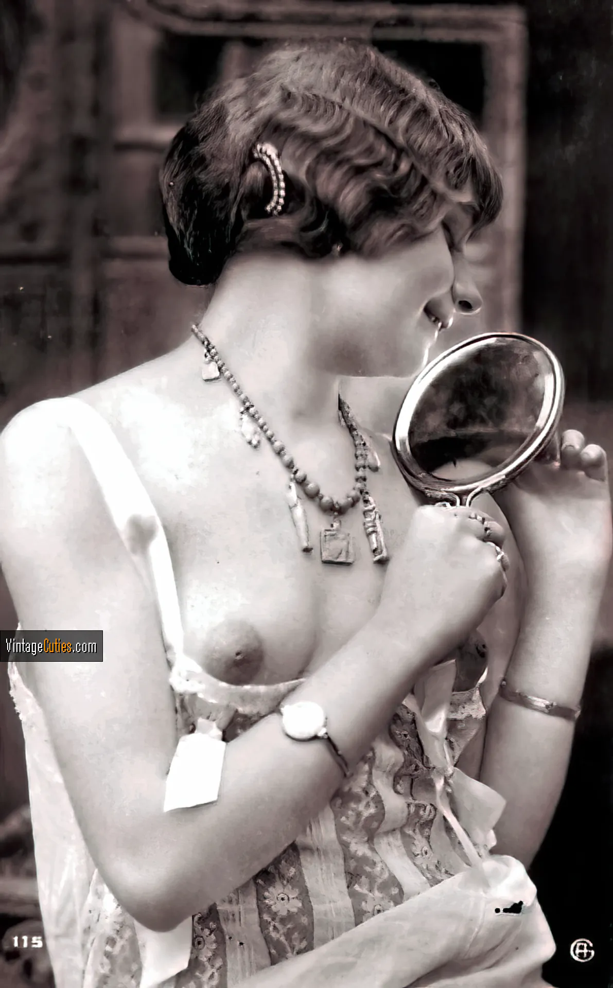 Vintage flat-chested teen with sensitive nipples looks into the mirror