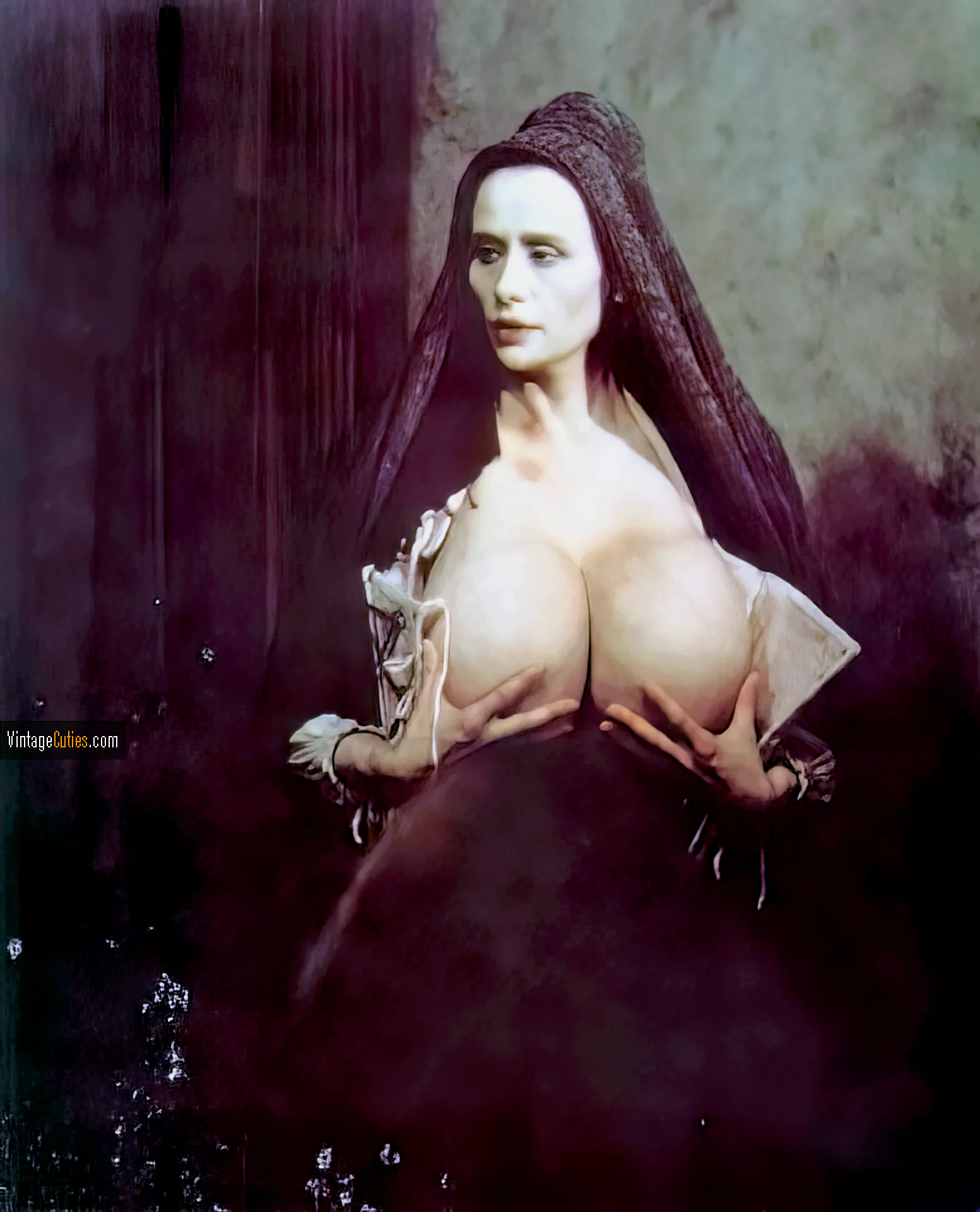 Chesty Morgan in vintage clothes with her big breasts falling out