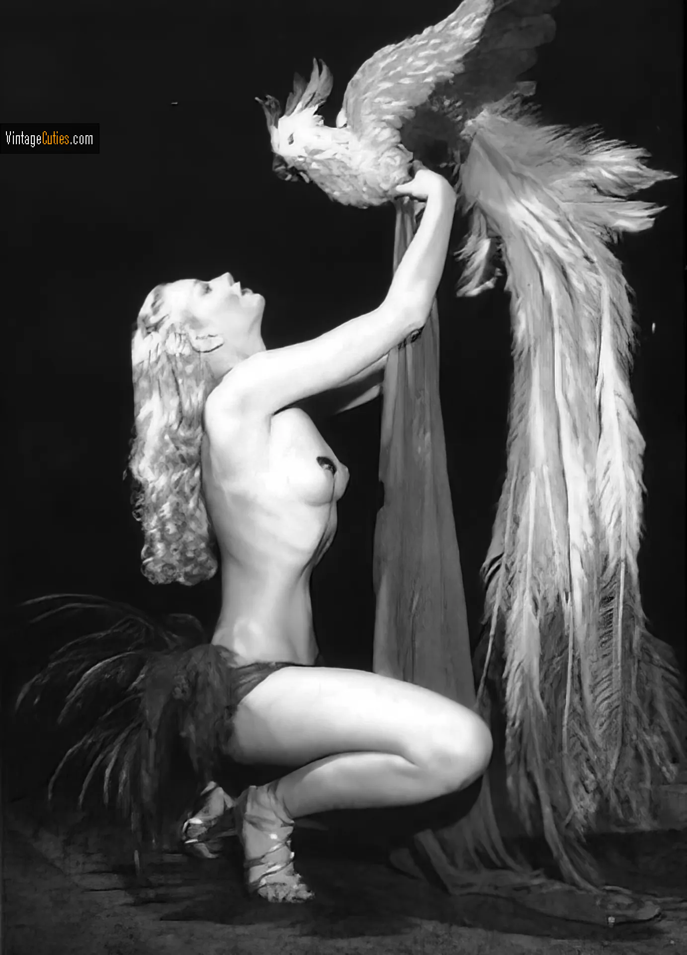 Sexy Lili St. Cyr with tiny tits holding a large bird