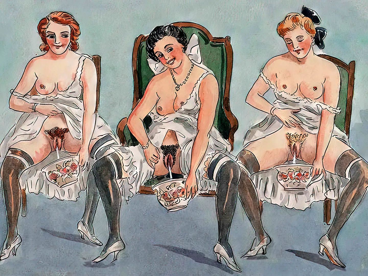 Vintage art porn videos with three young ladies with bare tits and hairy pussies peeing into jars